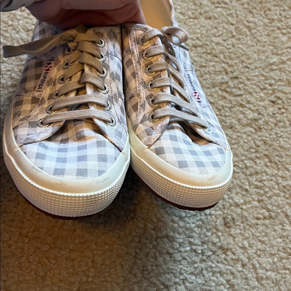 Superga Fabric Gray/White Checkered Gingham Sneakers - Picture 2 of 10